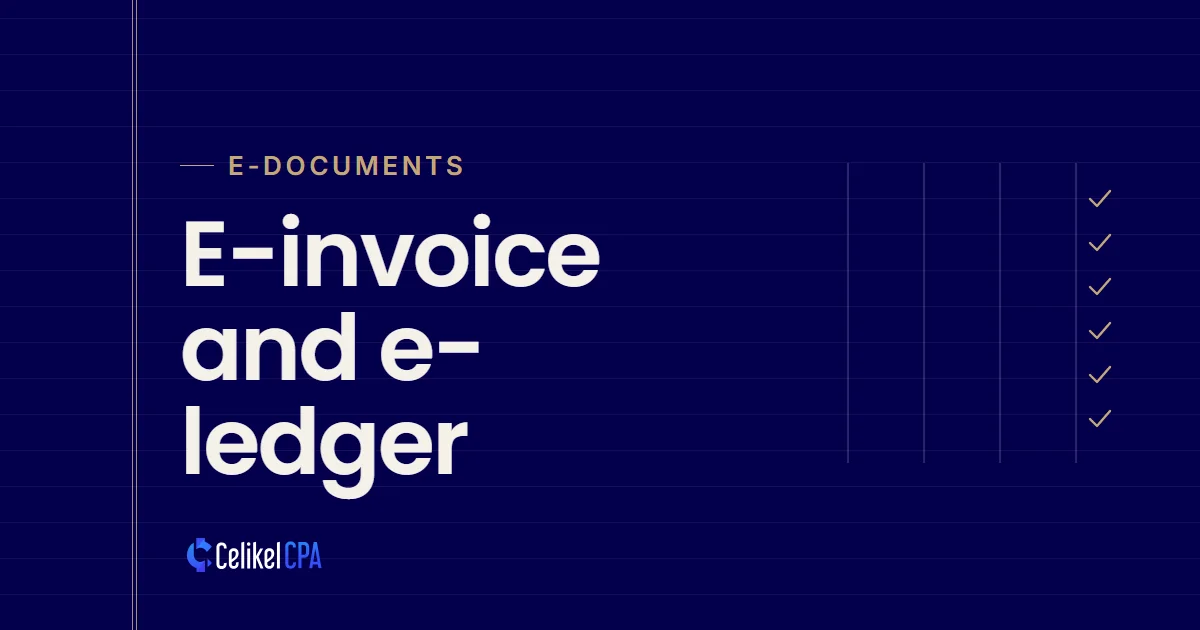 Celikel CPA article cover: "E-invoice and e-ledger" under the label E-documents