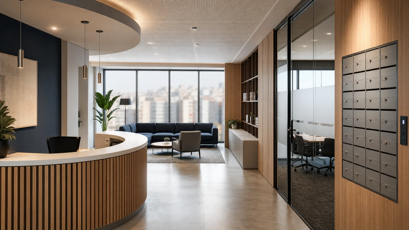 Unbranded flexible office reception, meeting room and secure mailboxes in Istanbul