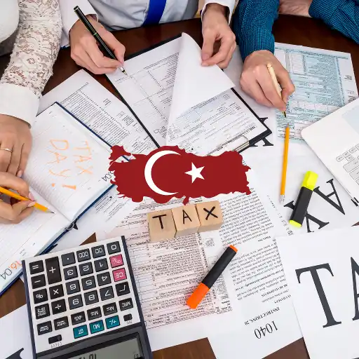 Tax documents, a calculator, and the Turkish flag overlay on a map of Turkey highlighting Tax ID processes.