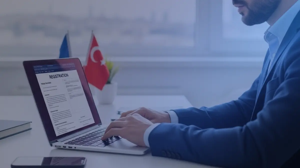 Entrepreneur working remotely on laptop while registering a company in Turkey