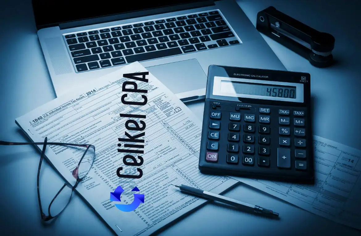 A professional accounting setup featuring tax forms, a calculator, a laptop, and office supplies with Çelikel CPA branding, symbolizing comprehensive financial services.