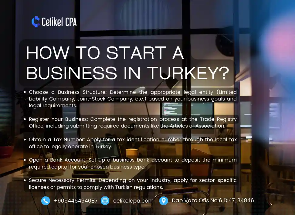 How to start a business in Turkey guide with clear steps by Celikel CPA: legal structure, registration, tax number, permits, and bank setup.