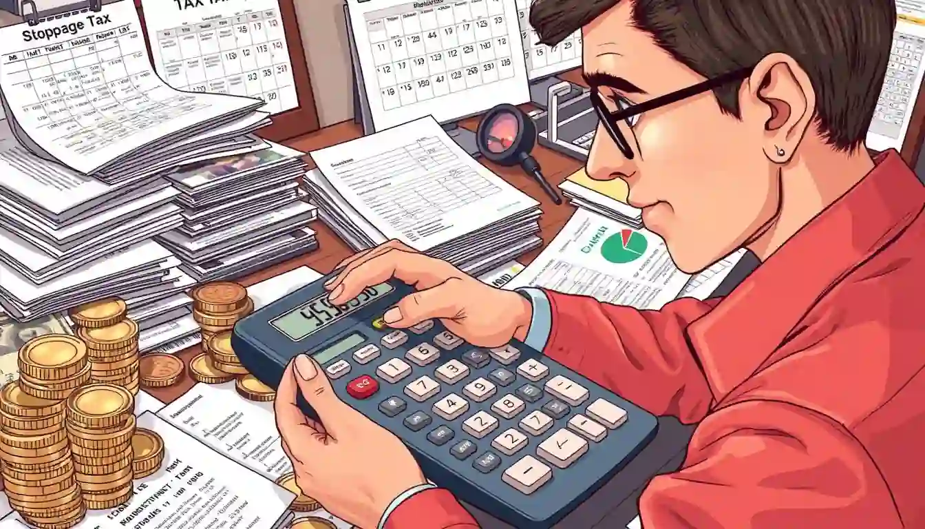 A person using a large calculator to calculate stoppage tax, surrounded by paperwork, tax forms, coins, and banknotes, with a desk cluttered with office supplies and a calendar showing tax deadlines.