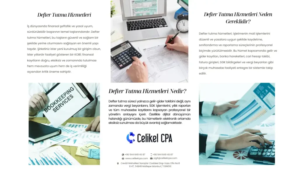 Defter tutma hizmetlerinin önemini ve kapsamını açıklayan bilgilendirici sayfa; muhasebe işlemleri, vergi beyanları, gelir-gider takibi ve SGK işlemleri ile ilgili görseller ve metinler içeriyor.