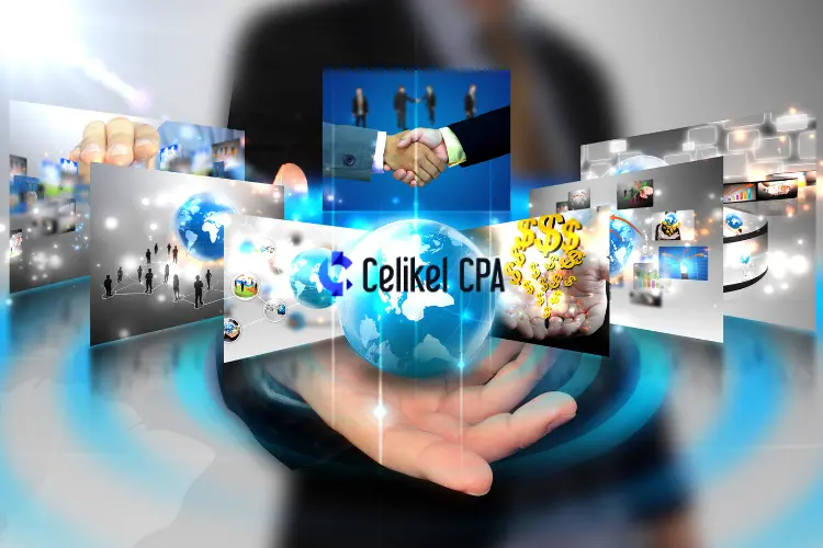 Illustration representing international business partnerships, financial growth, and global networking, with the Celikel CPA logo prominently displayed, suitable for Joint Stock Company structures in Turkey.
