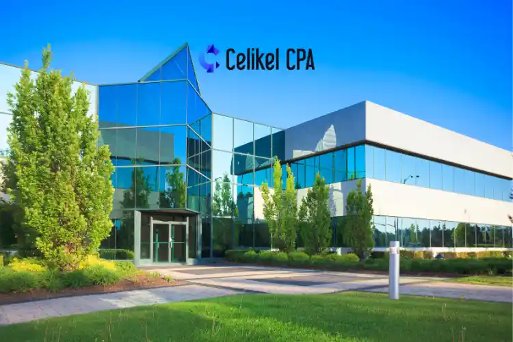 Modern corporate building with glass architecture representing branch offices and liaison offices. The Celikel CPA logo is visible on the building.