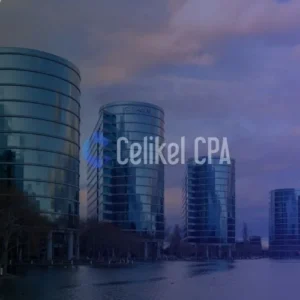 Modern glass skyscraper office buildings reflecting a cloudy sky, symbolizing large corporations and business investment. Image includes the Celikel CPA logo, representing a guide to establishing a Joint Stock Company (JSC) in Turkey.