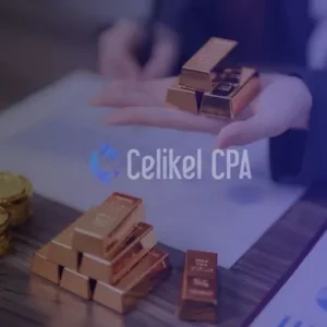 An image showing multiple gold bars and a person's hand, symbolizing wealth and investment. The Celikel CPA logo is prominently displayed, indicating financial advisory services.
