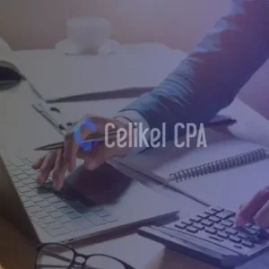 A professional working on a laptop and using a calculator on a desk, symbolizing accounting and financial processes. Image relates to the essential guide for obtaining a Turkish Tax ID