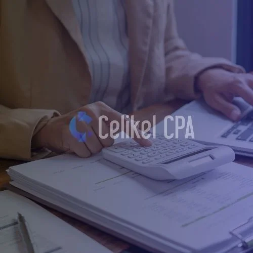 A person using a calculator and working on a laptop over financial documents. The image, featuring the Celikel CPA logo, illustrates the accounting and calculation process for Understanding Stoppage Tax (Withholding Tax) in Turkey.