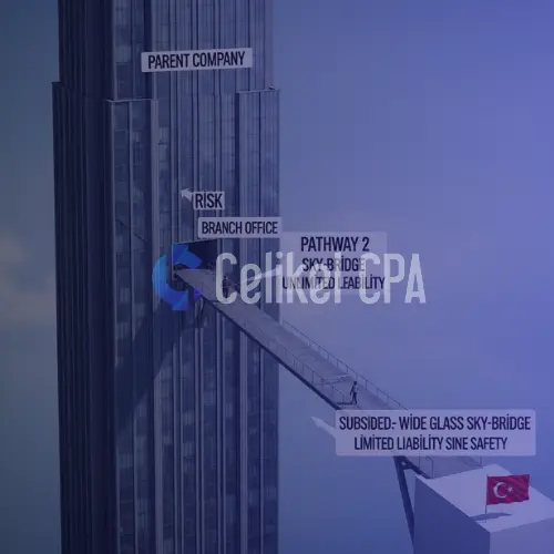 Conceptual image illustrating business risk: a dangerous tightrope represents a 'Branch Office' with unlimited liability, while a solid, safe bridge represents a 'Subsidiary LLC' with limited liability in Turkey.