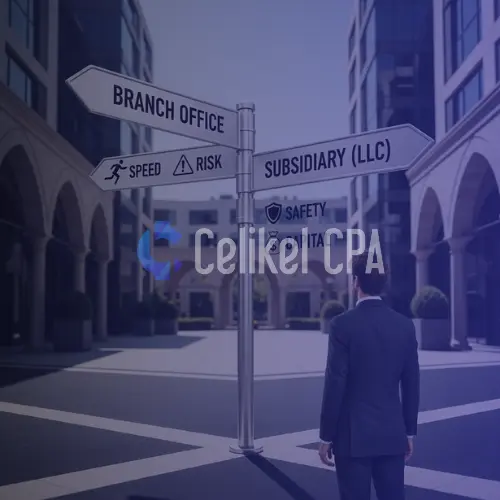 A businessperson at a crossroads, with signs pointing to 'Branch Office' (risk icon) and 'Subsidiary LLC' (safety shield icon), symbolizing the strategic choice for starting a business in Turkey.