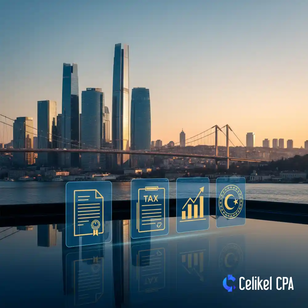 A professional picture of the Istanbul skyline and the Bosphorus Bridge at sunset, which stands for starting a business in Turkey. With Celikel CPA branding, digital symbols stand for taxes, legal paperwork, corporate success, and following the rules.