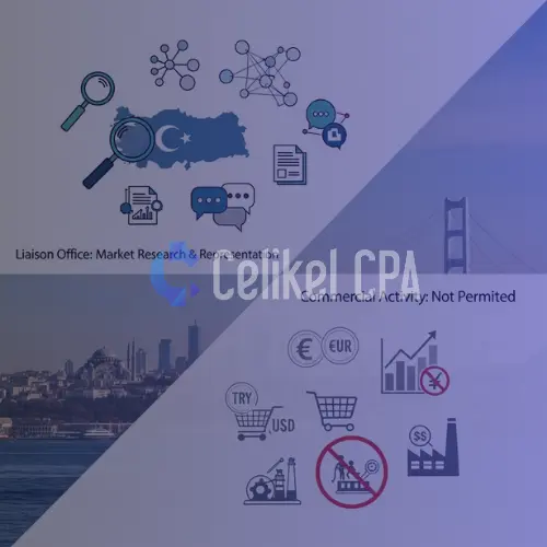 Conceptual hero image comparing Liaison Office role in Turkey: left side shows market research & representation icons (magnifying glass, network), right side shows prohibited commercial icons (faded currency, sales graph) over Istanbul skyline.
