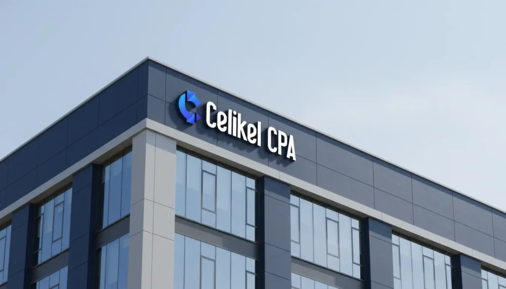 Celikel CPA - Certified Public Accountant Services | CelikelCPA & Accounting Firm Celikel CPA Şirketimizin binasını ve logosunu gösteren bir görsel.