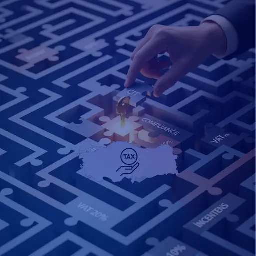 TAX SERVICES 1 A CPA's hand placing a key labeled 'CIT' into a complex maze representing the Turkish tax system, solving it for 'COMPLIANCE' over a map of Turkey.